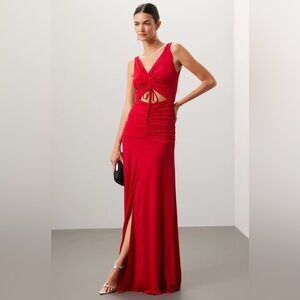 Zac Posen Jersey Cut Out Ruched Gown Maxi Dress Red Tie Front Size 4 Stretch